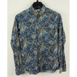 Dario Beltran Spain Men's Large Long Sleeve Blue Gold Chain Button Down Shirt